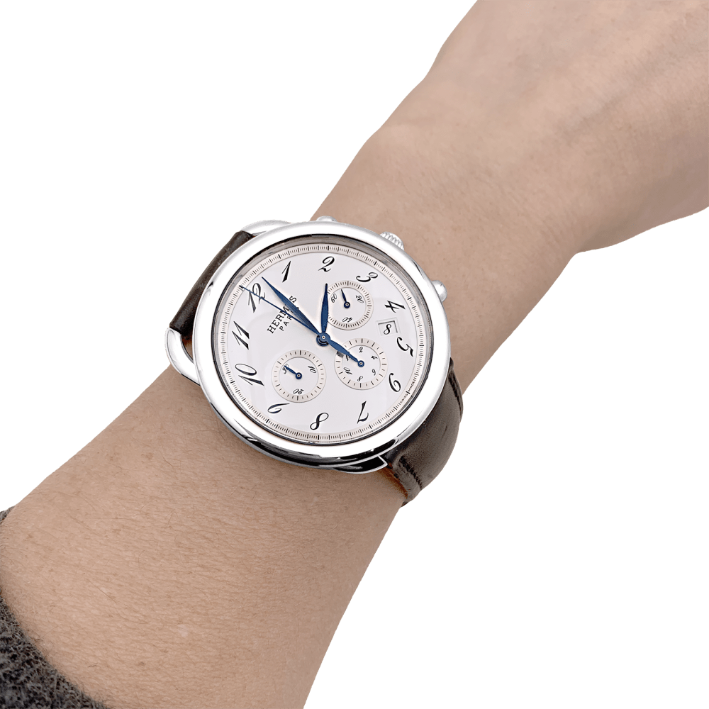 Montre Hermès, "Arceau Chronographe", acier, cuir.