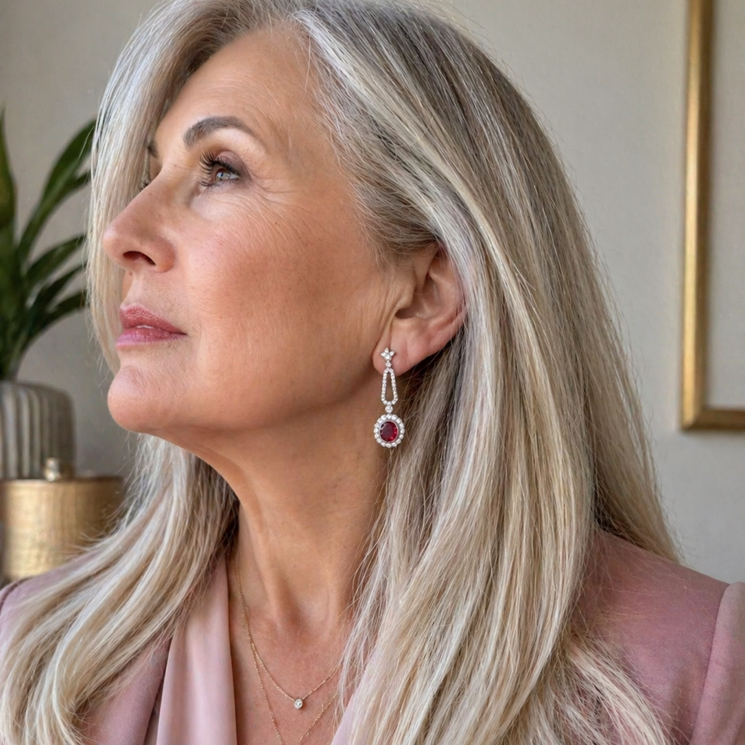 Earrings Pendent in white gold, rubellites and diamonds