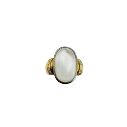 Solitaire Ring in yellow gold, white gold, moonstone, and diamonds