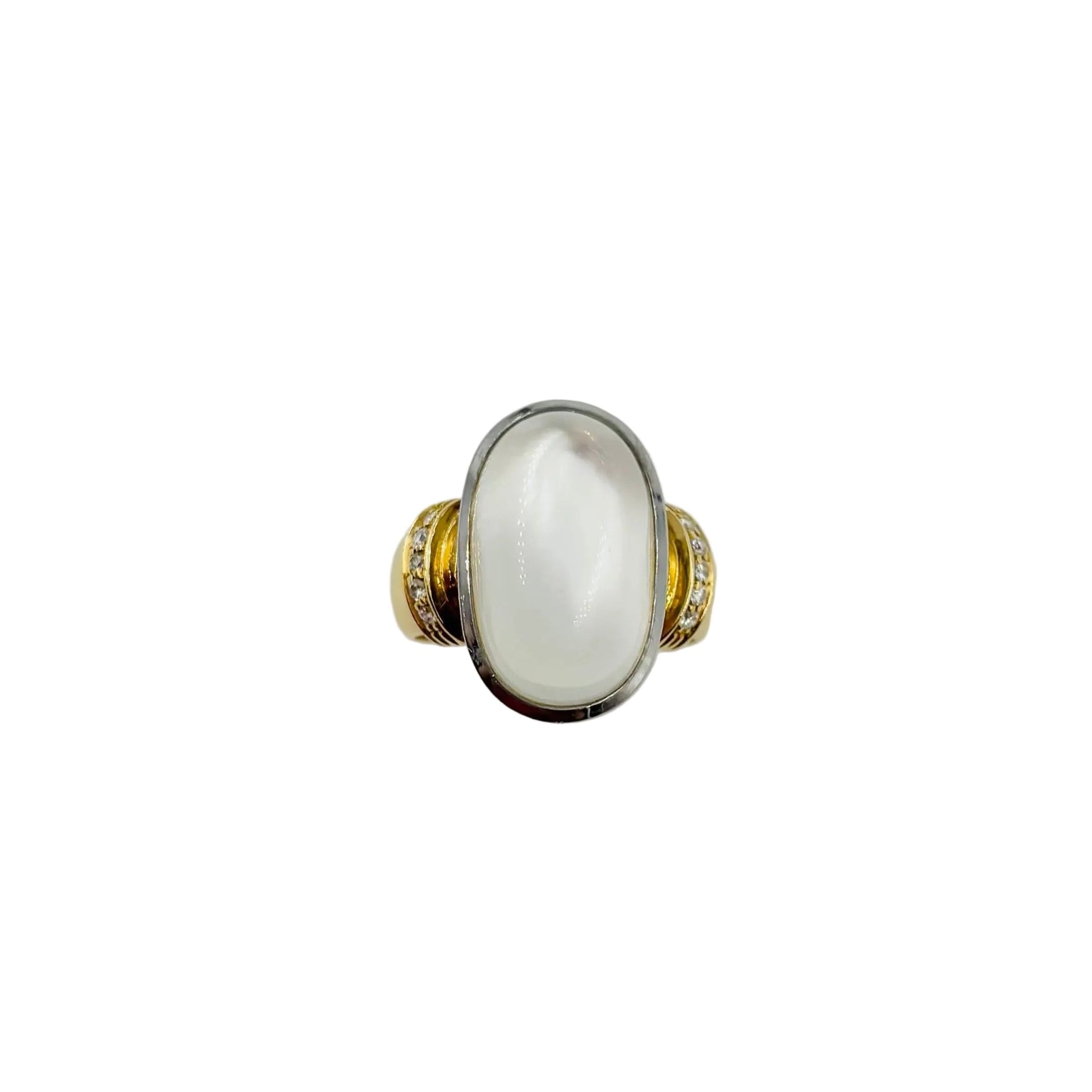 Solitaire Ring in yellow gold, white gold, moonstone, and diamonds