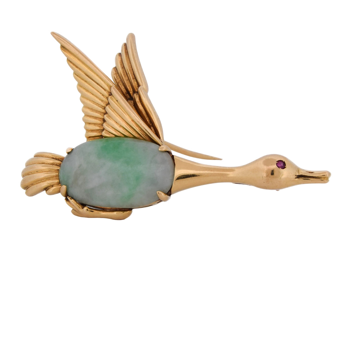 Brooch made of yellow gold, jade, and rubies