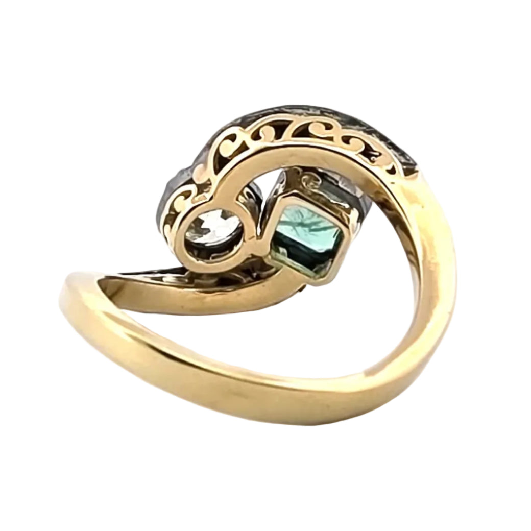 "Toi & Moi" Ring in yellow gold, silver, Emerald, and Diamonds