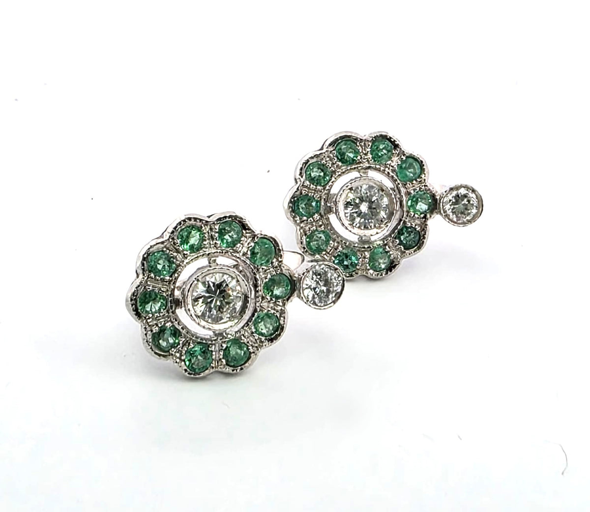 Platinum Lever-back Earrings with Emeralds and Diamonds