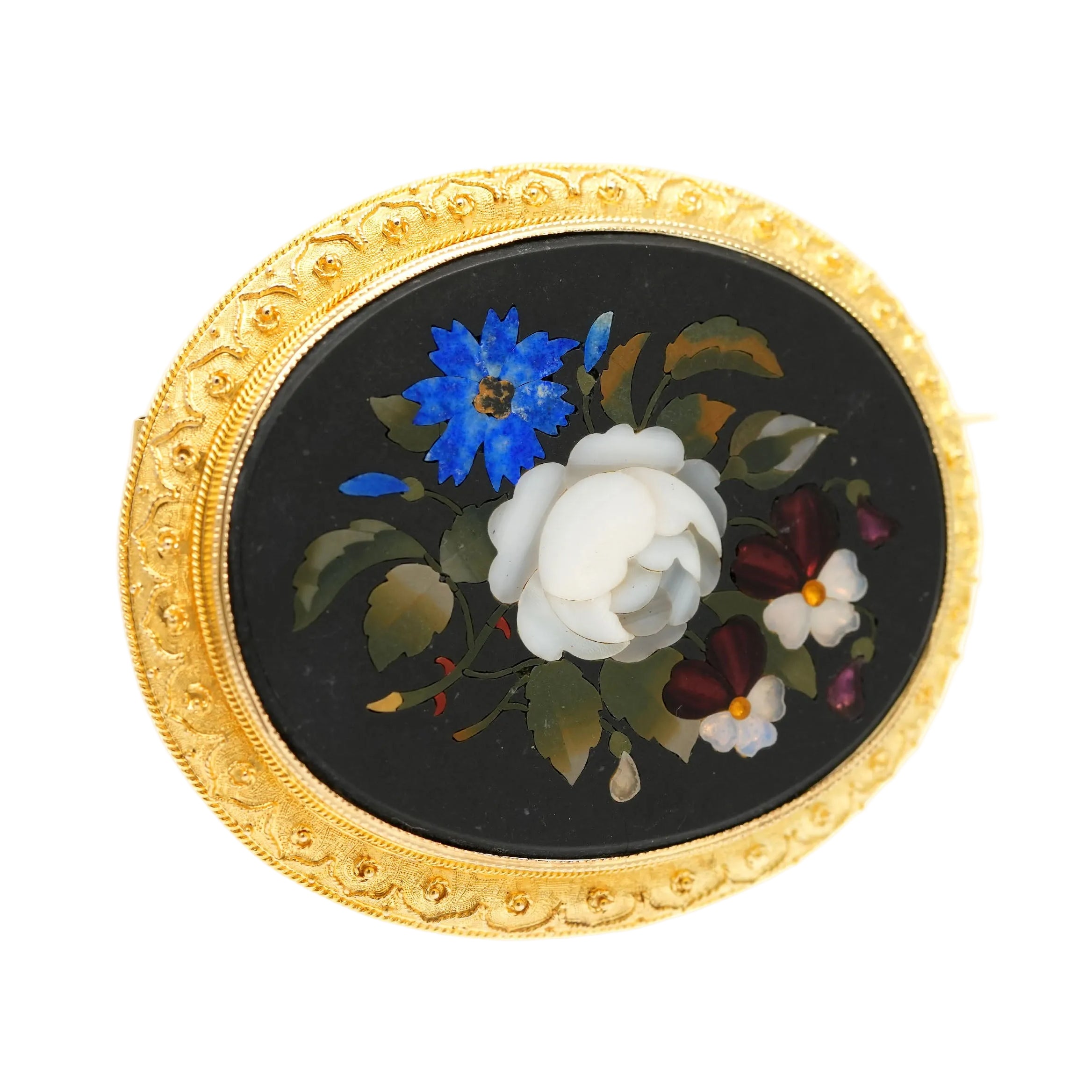Brooch made of yellow gold, jasper, Lapis lazuli, mother-of-pearl, and opal