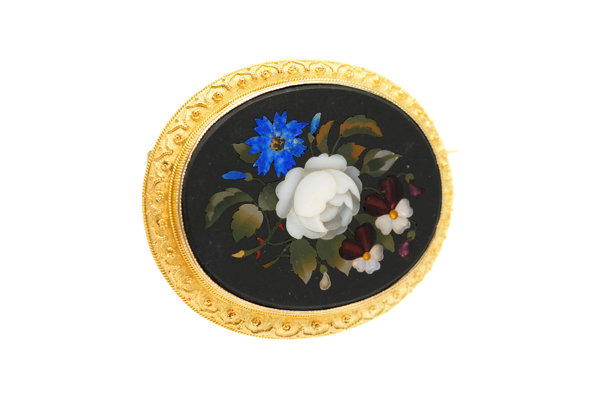 Brooch made of yellow gold, jasper, Lapis lazuli, mother-of-pearl, and opal