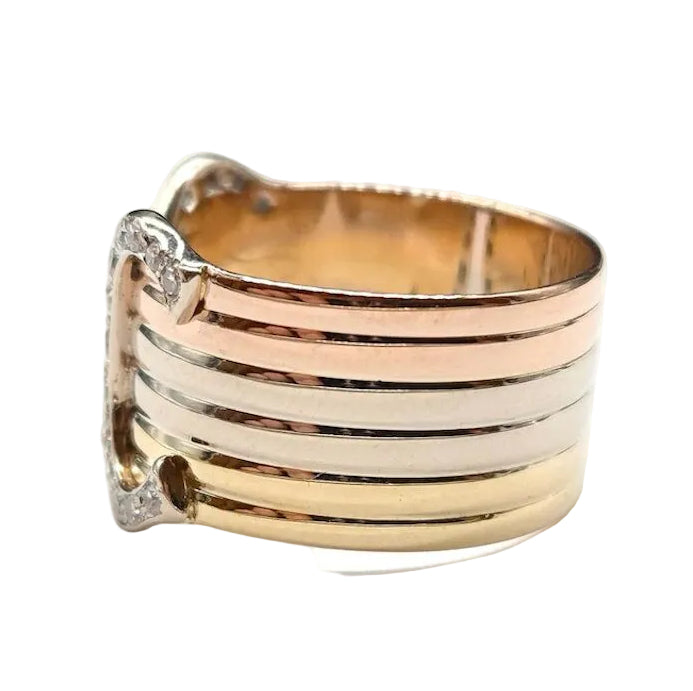 CARTIER "C de Cartier" Band Ring in white gold, yellow gold, rose gold, and diamonds