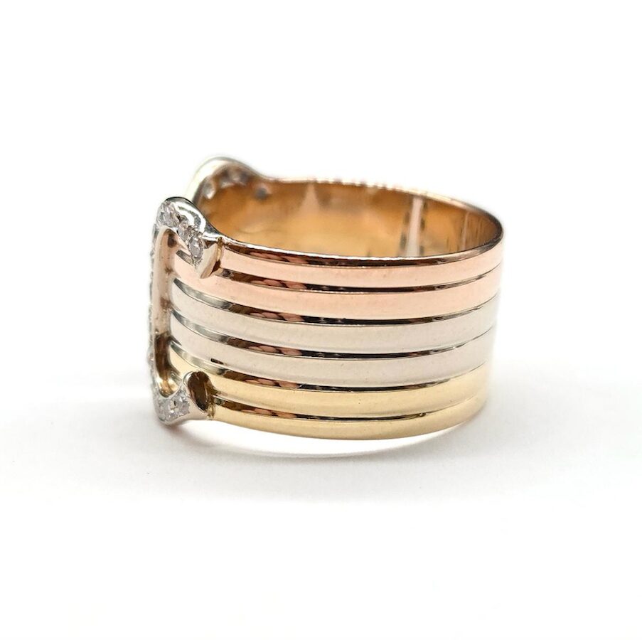 CARTIER "C de Cartier" Band Ring in white gold, yellow gold, rose gold, and diamonds