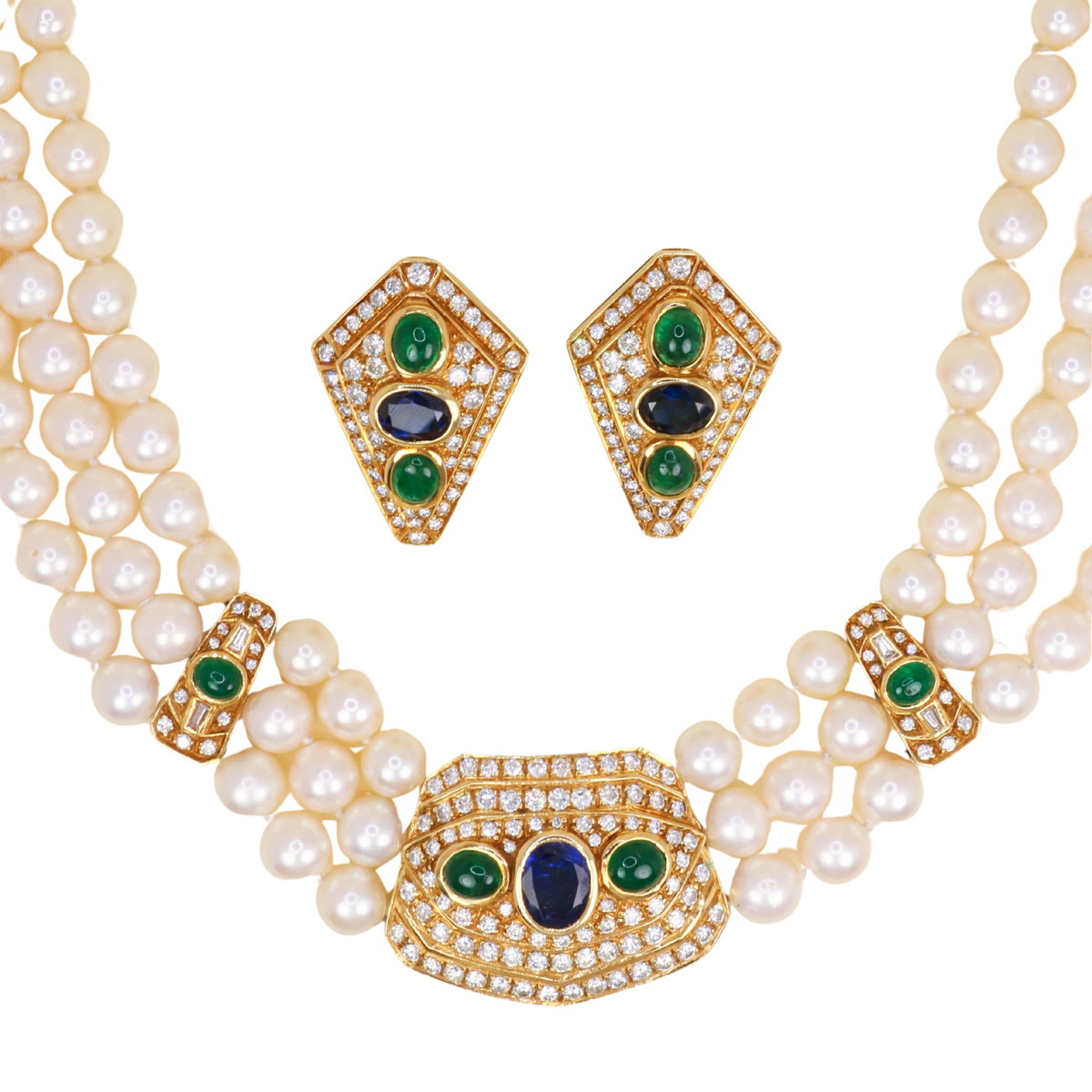 REPOSSI set in yellow gold, with pearls, sapphires, emeralds, and diamonds