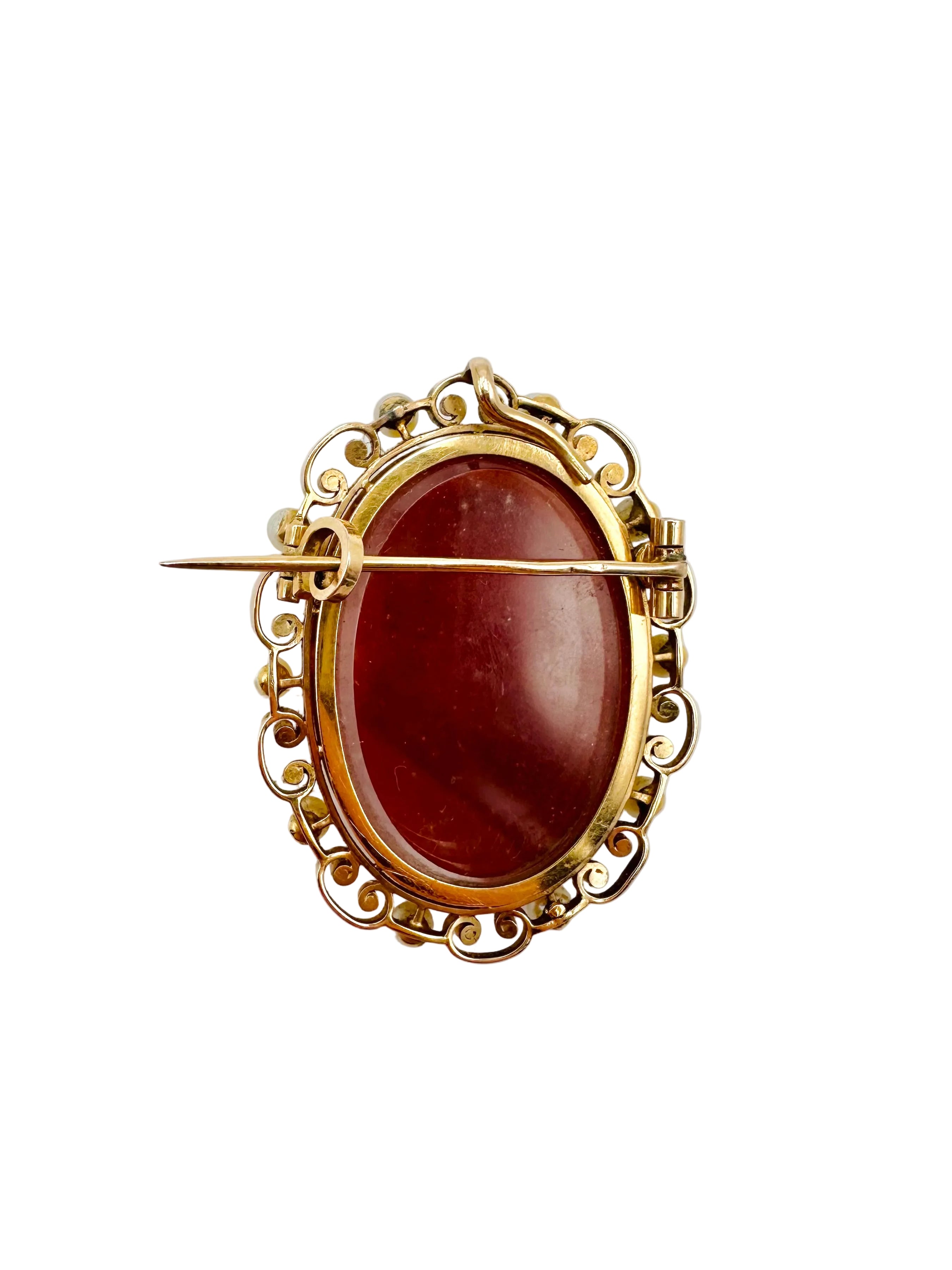 Brooch/Pendetif Cameo in yellow gold, agate and pearls