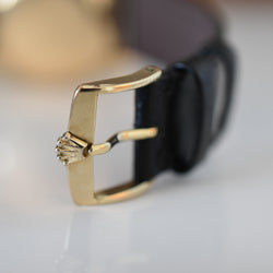 ROLEX "Oyster Perpetual Bubbleback Ovetto" watch in yellow gold and leather