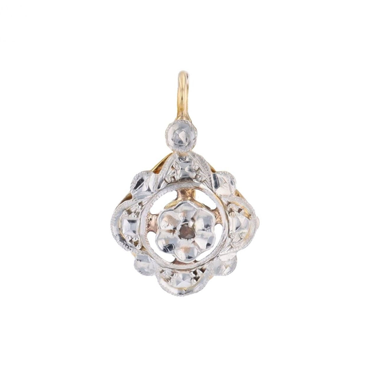 Single pair of lever-back earrings in white gold, yellow gold, and diamonds