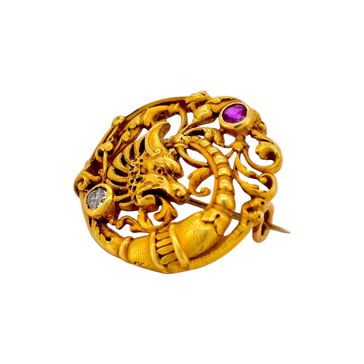 Yellow Gold Brooch with Rubies and Diamonds