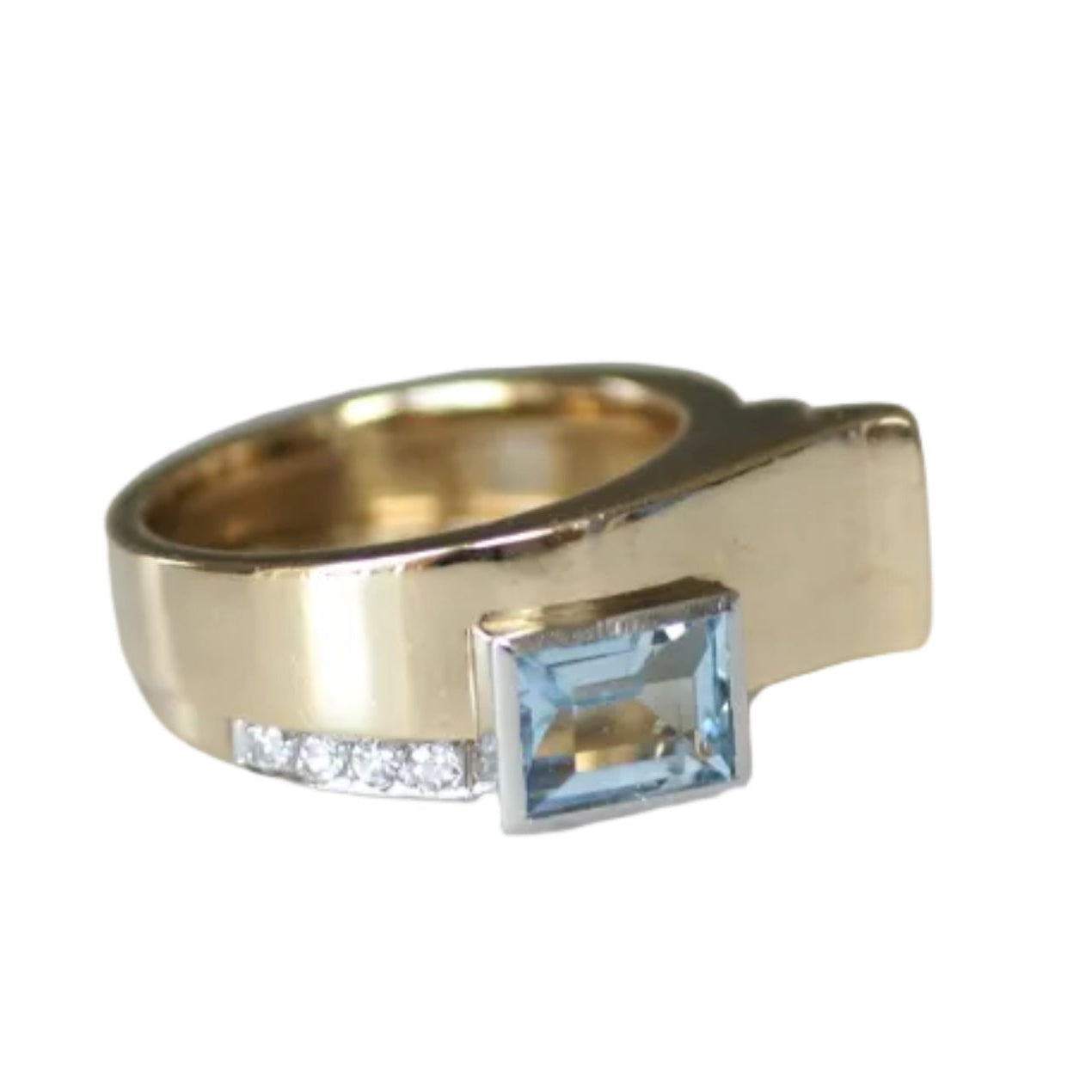 Tank Ring in yellow gold, platinum, aquamarine, and diamonds
