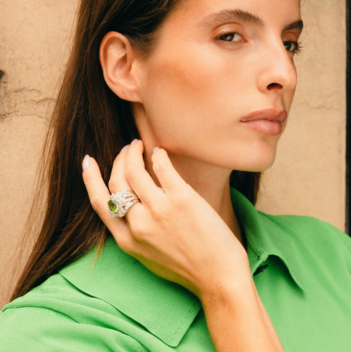 Art Deco Tank Ring in platinum, Peridot, and Diamonds