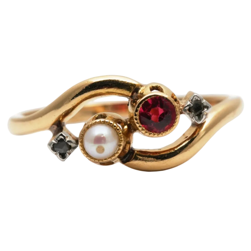 "Toi & Moi" Ring in yellow gold, with a pearl, Ruby, and Diamonds
