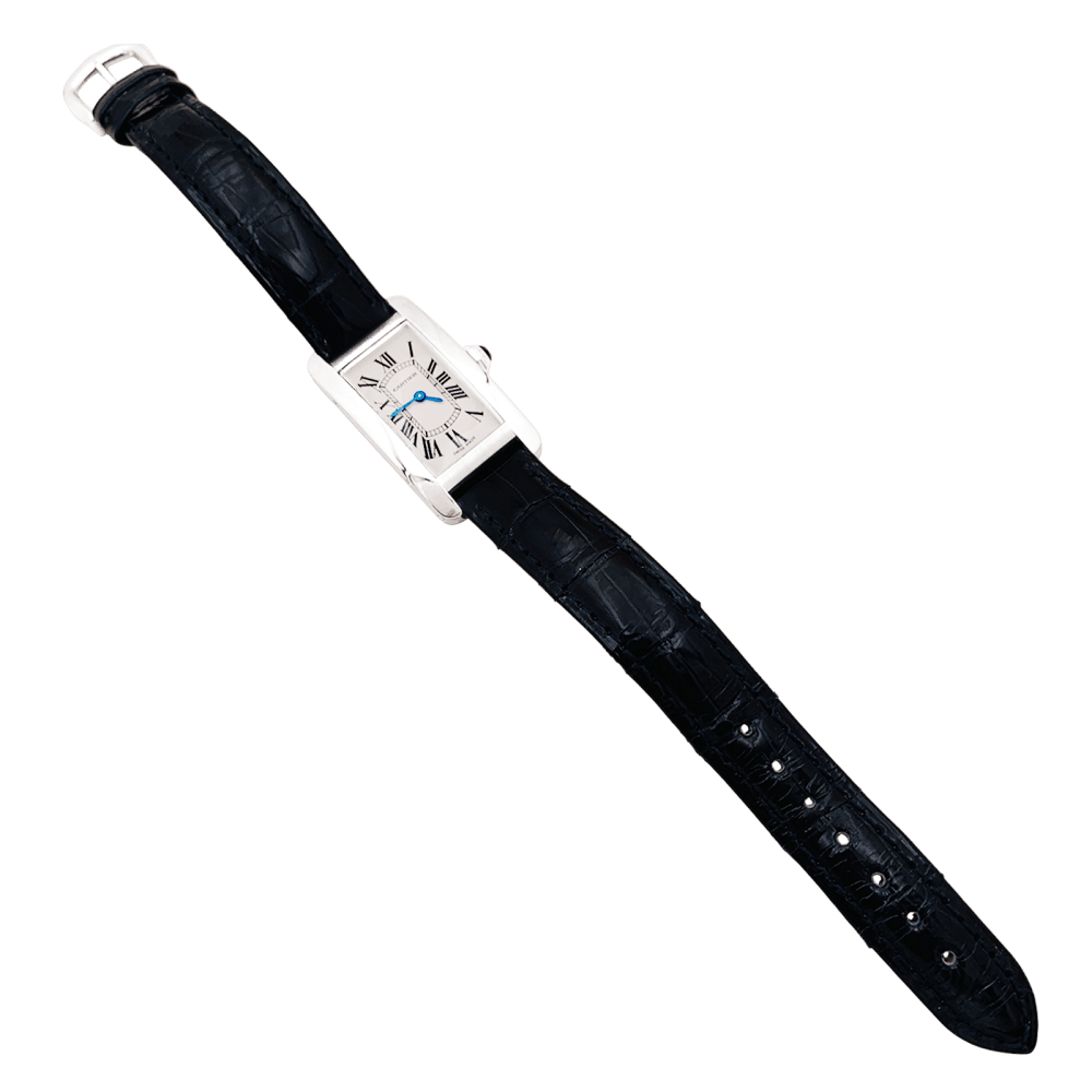 Montre Cartier, "Tank Américaine", acier, cuir.