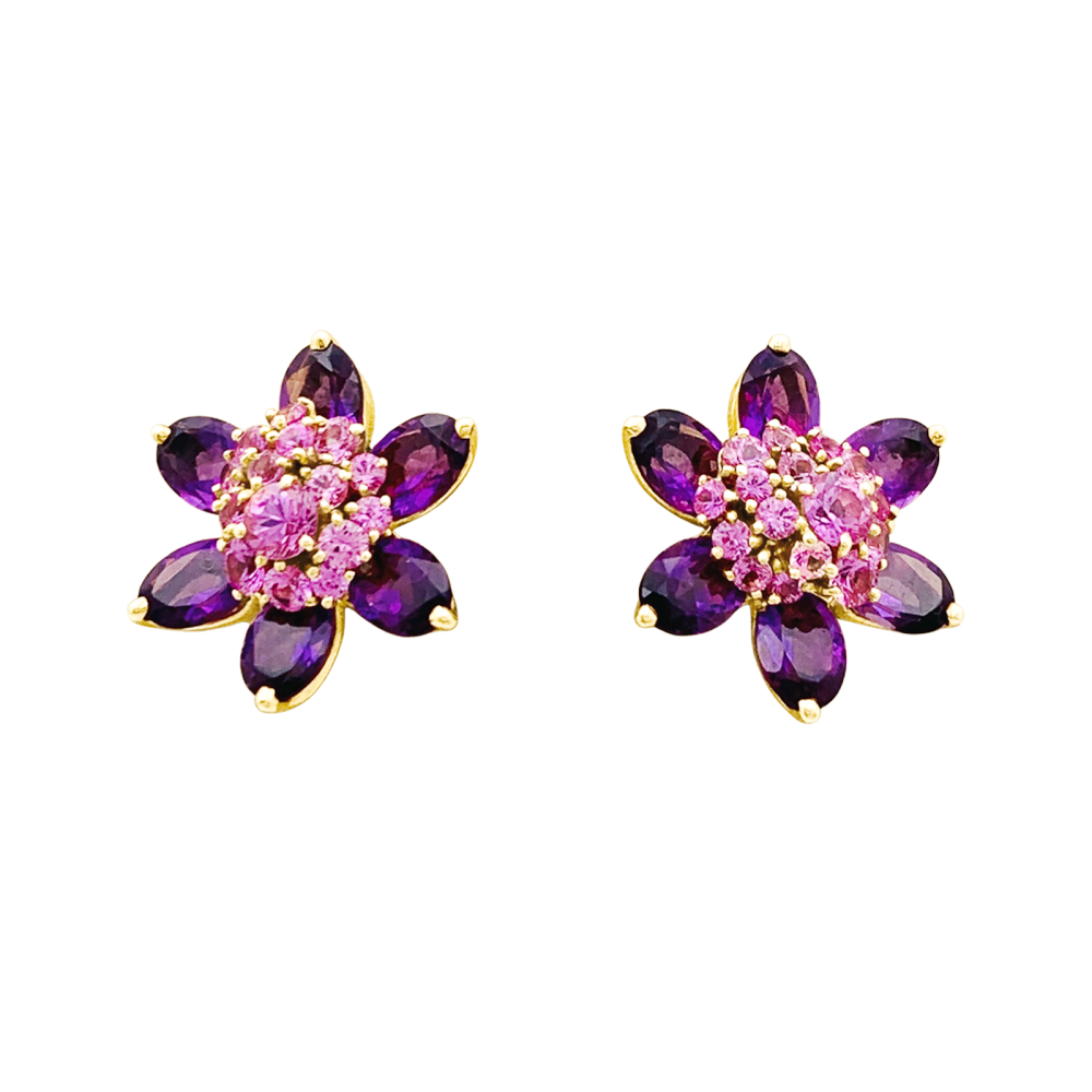 Earrings Van Cleef & Arpels, "Flowers of Hawaii", yellow gold, amethyst, pink sapphires.