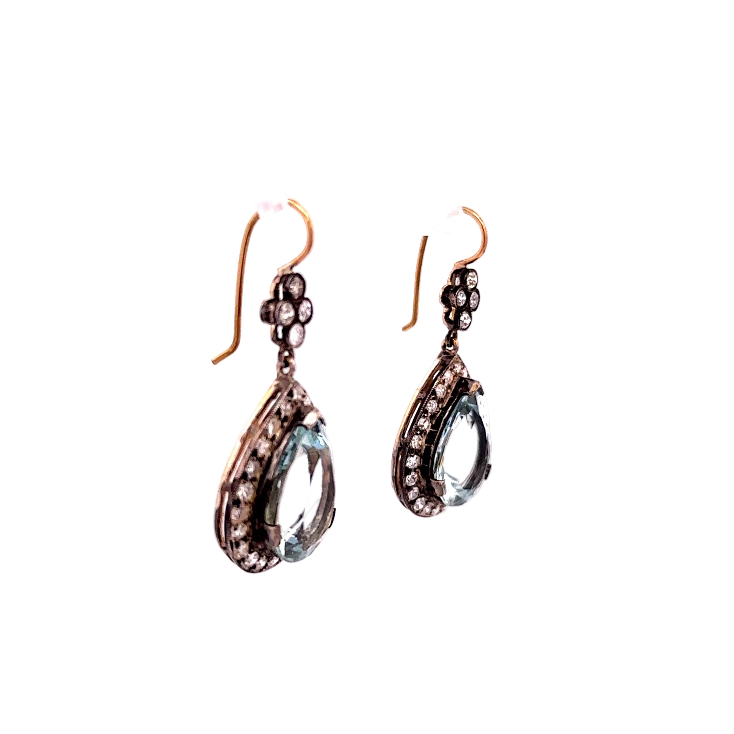 Drop Earrings in Yellow Gold, Silver, Aquamarines, and Diamonds
