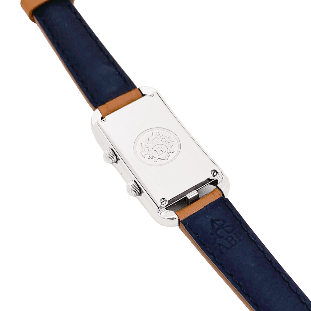 Montre Hermès, "Nantucket Dual Time", acier, cuir, diamants.