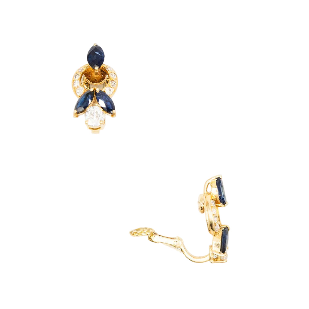 Clips d'oreilles en or jaune, saphirs et diamants