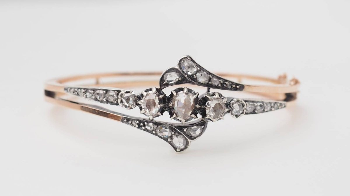 Rose Gold, Silver, and Diamond Bangle Bracelet