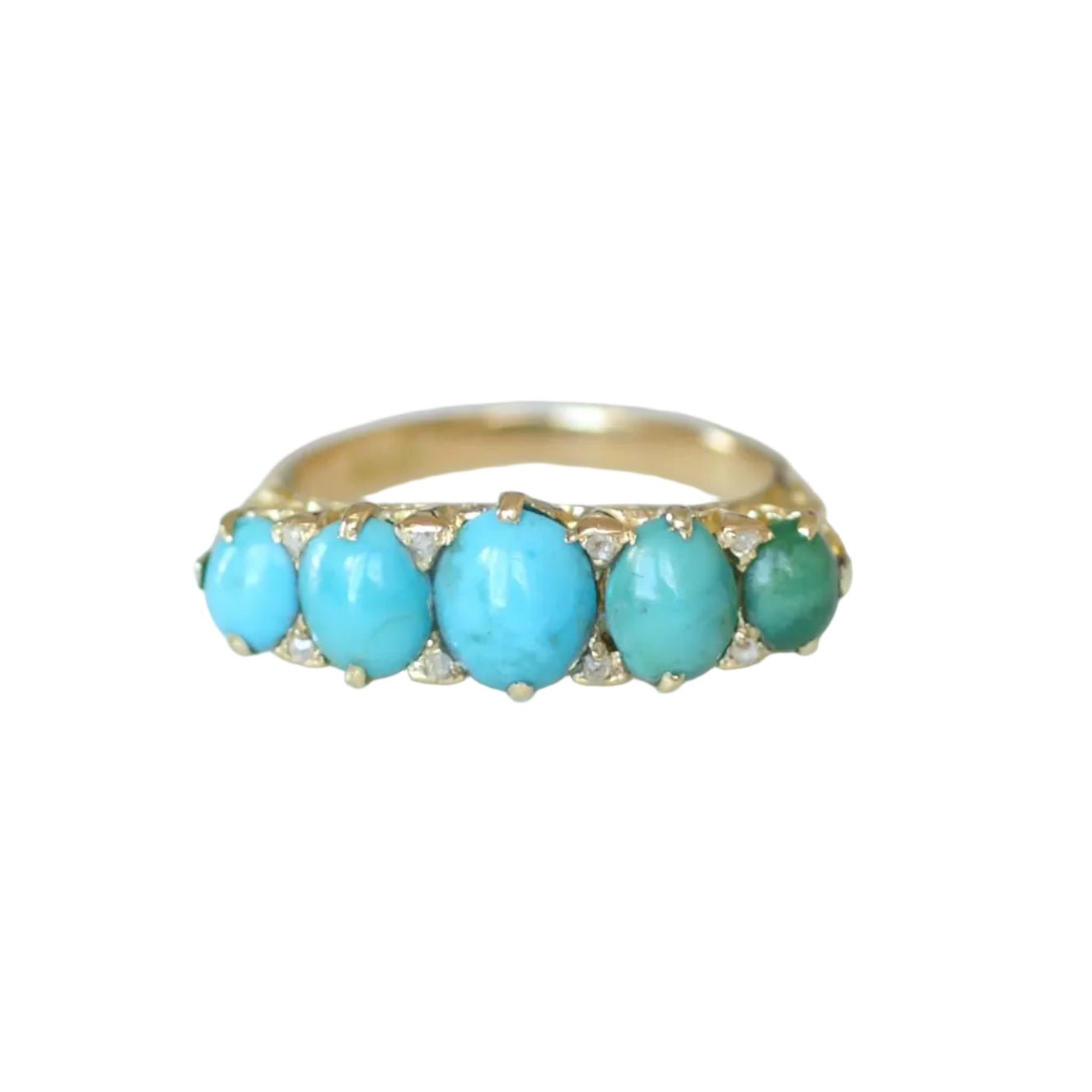 Bague Jarretière en or jaune, turquoises et diamants