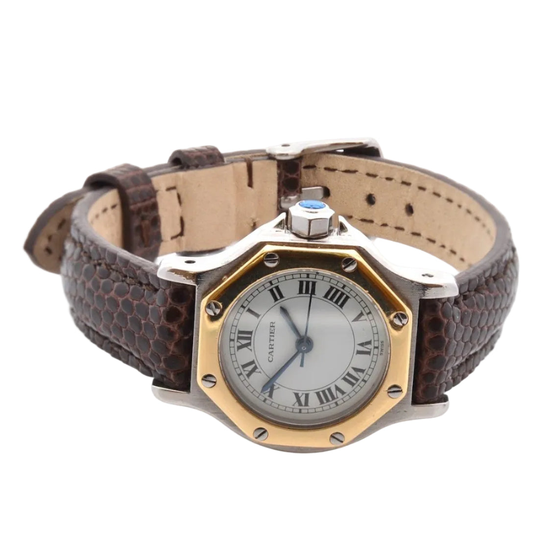 CARTIER "Santos" watch in yellow gold, stainless steel, and leather
