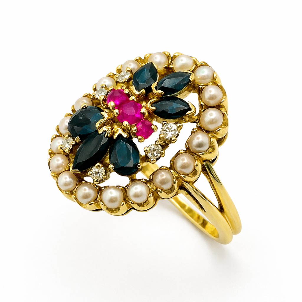 Bague en or jaune, rubis, saphirs, perles et diamants
