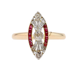 Marquise Ring in yellow gold, Platinum, Rubies, and Diamonds