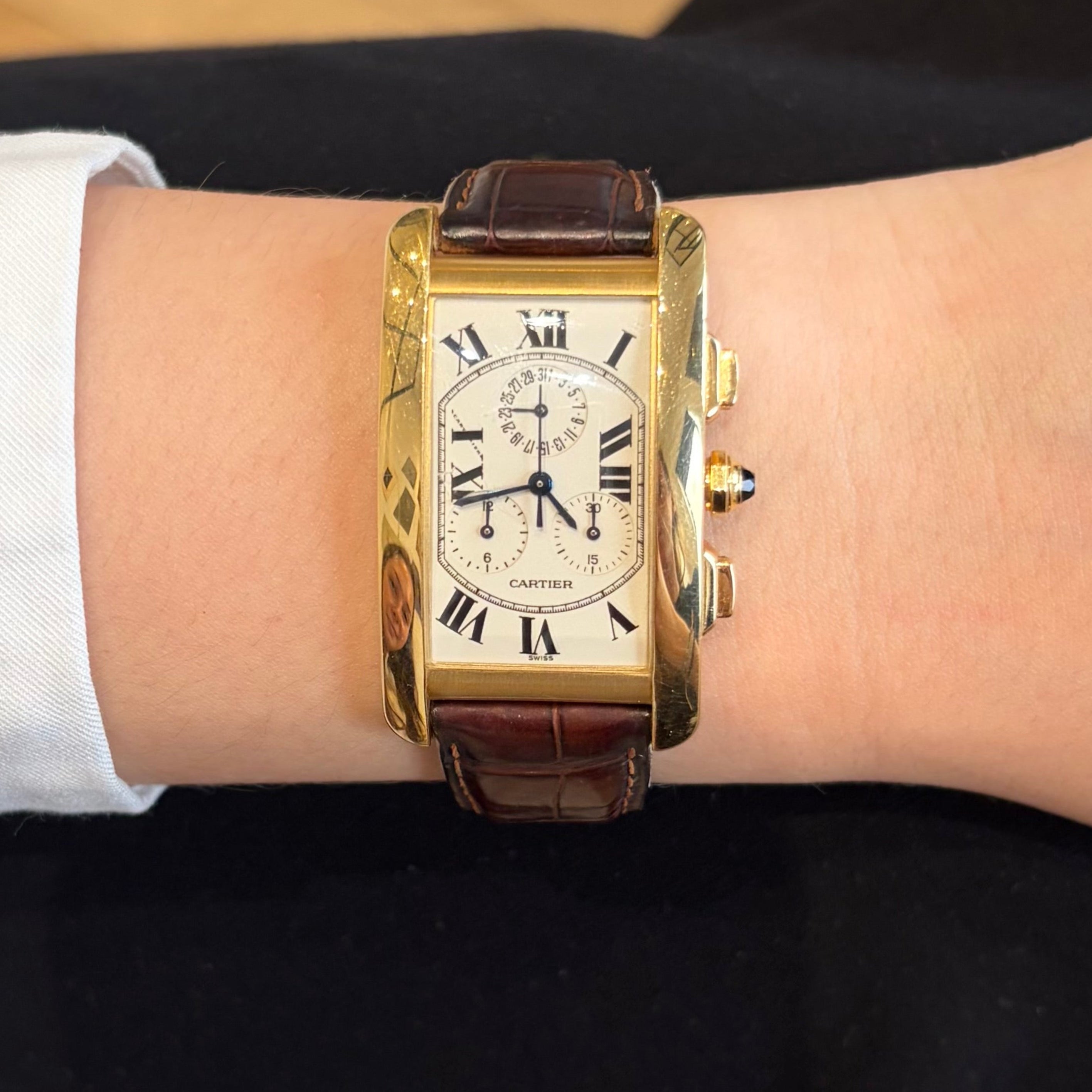 CARTIER "Tank Américaine Chronoflex" watch in yellow gold and leather