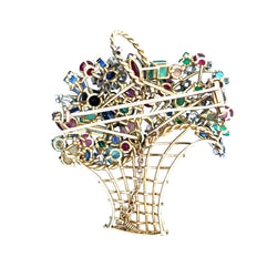 Yellow gold brooch with rubies, sapphires, emeralds, and diamonds