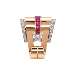 Clip Brooch in White Gold, Rose gold, Rubies, and Diamonds