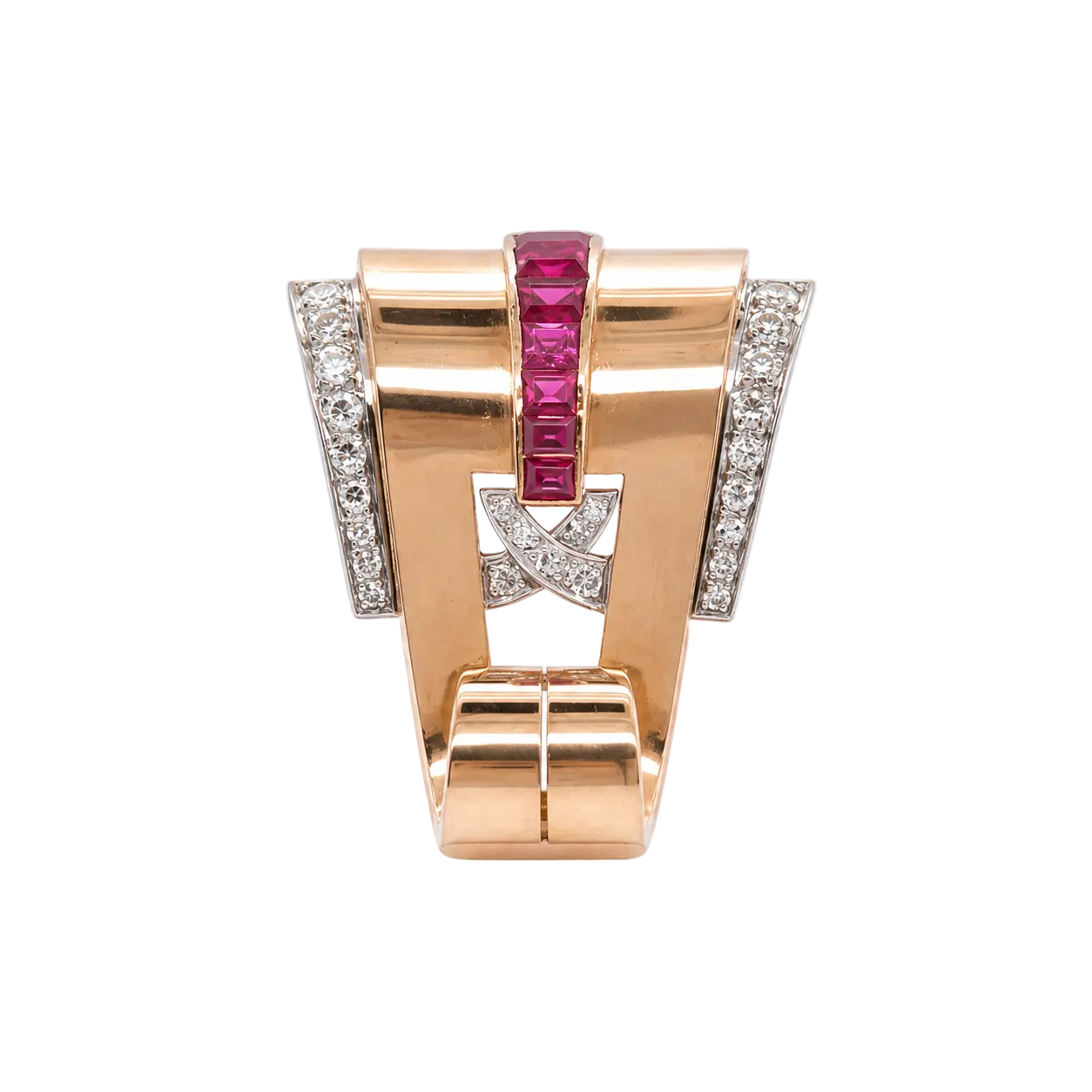 Clip Brooch in White Gold, Rose gold, Rubies, and Diamonds