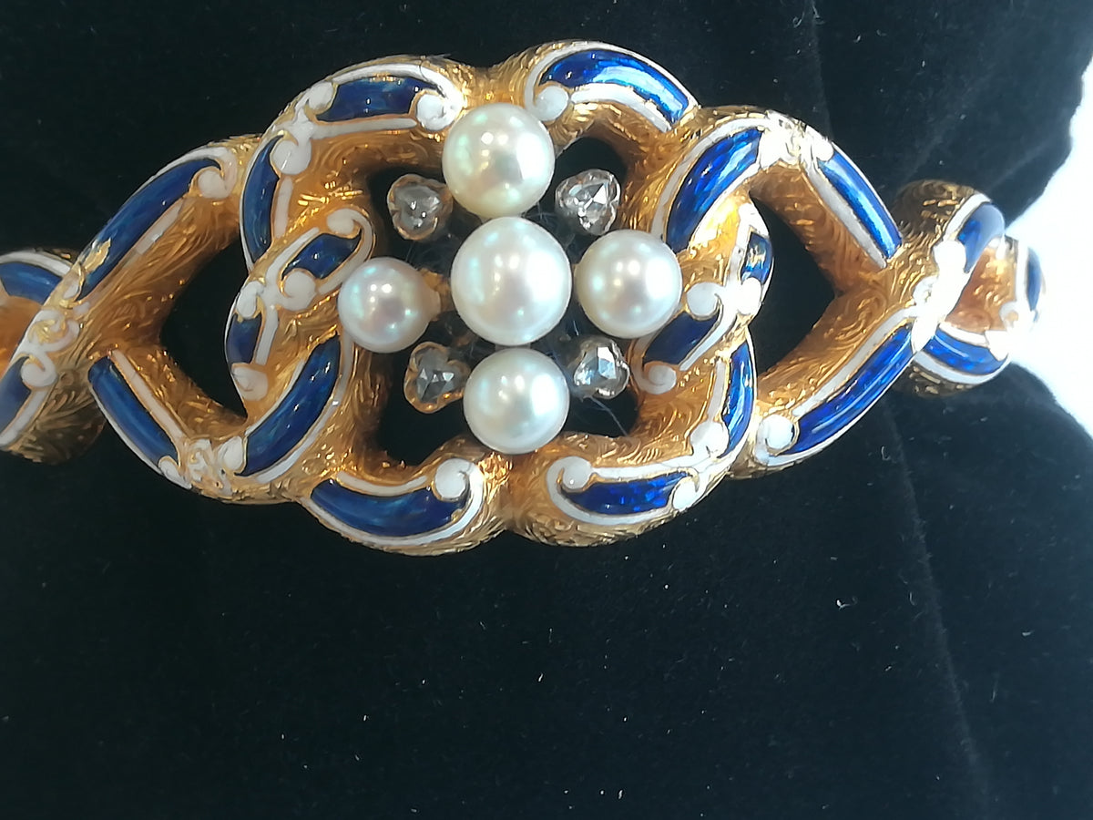 Antique Gold Enamel Bracelet with Pearls and Diamonds