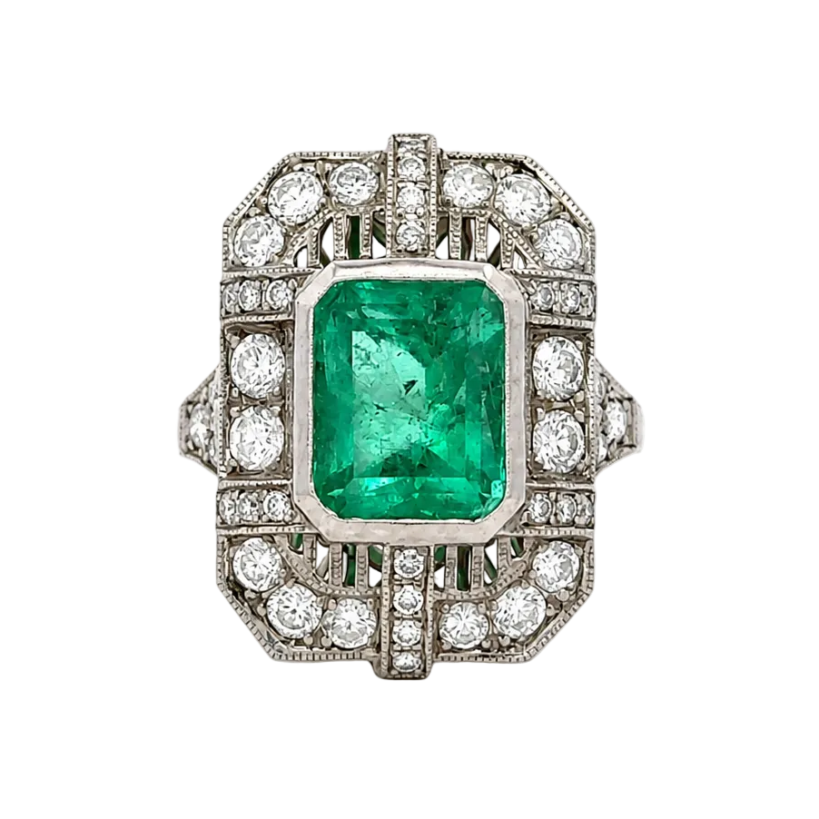 "Entourage" Ring in White Gold, Emerald, and Diamonds