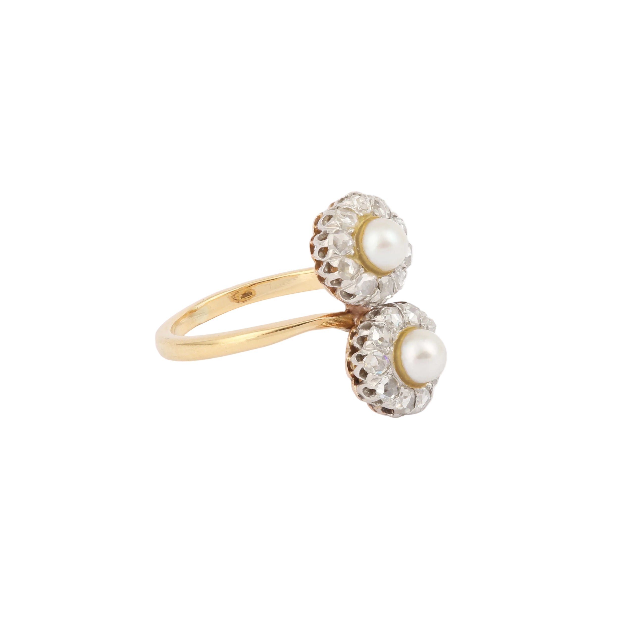 Bague Toi & Moi en or jaune, platine, perles et diamants