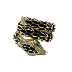 Ring in yellow gold, Enamel, emeralds, and Diamonds