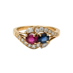 "Toi & Moi" Ring in yellow gold, sapphire, ruby, and diamonds