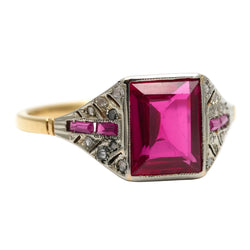 Art Deco ring in white gold, yellow gold, rubies, and diamonds