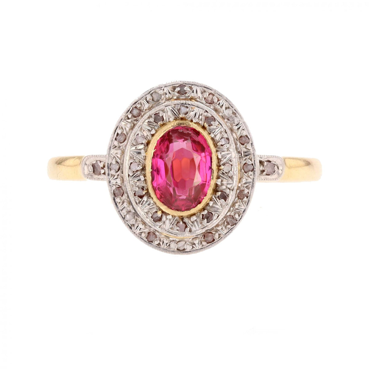 Entourage Ring in yellow gold, platinum, rubies, and diamonds