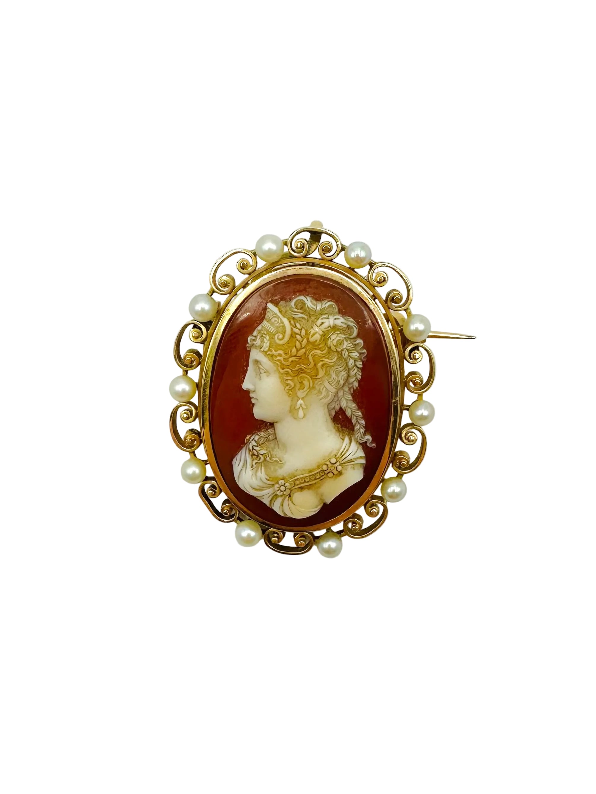 Brooch/Pendetif Cameo in yellow gold, agate and pearls