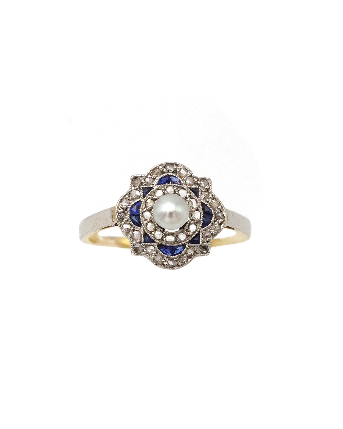 Art Deco Ring with Pearl and Sapphires in Platinum