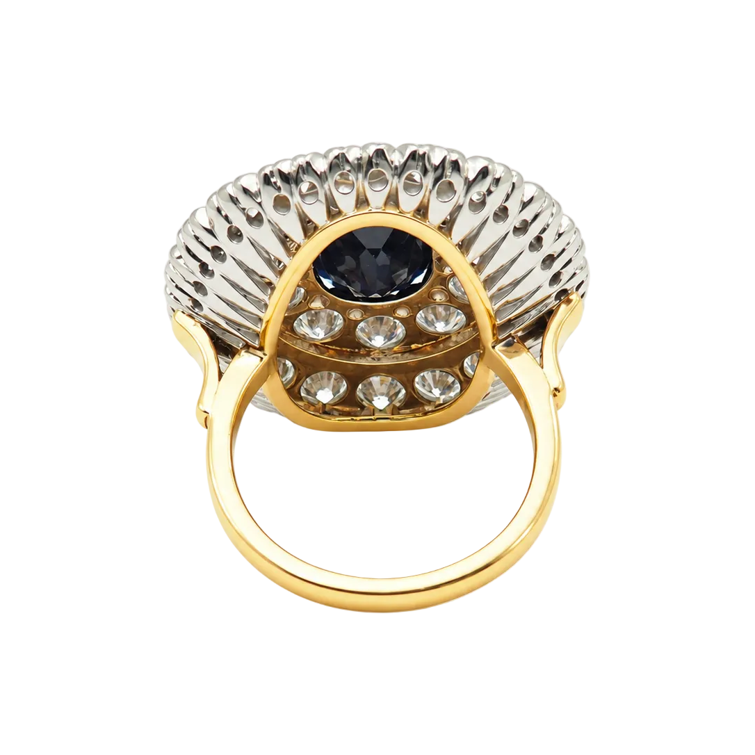 Pompadour Ring in white gold, yellow gold, sapphire, and diamonds