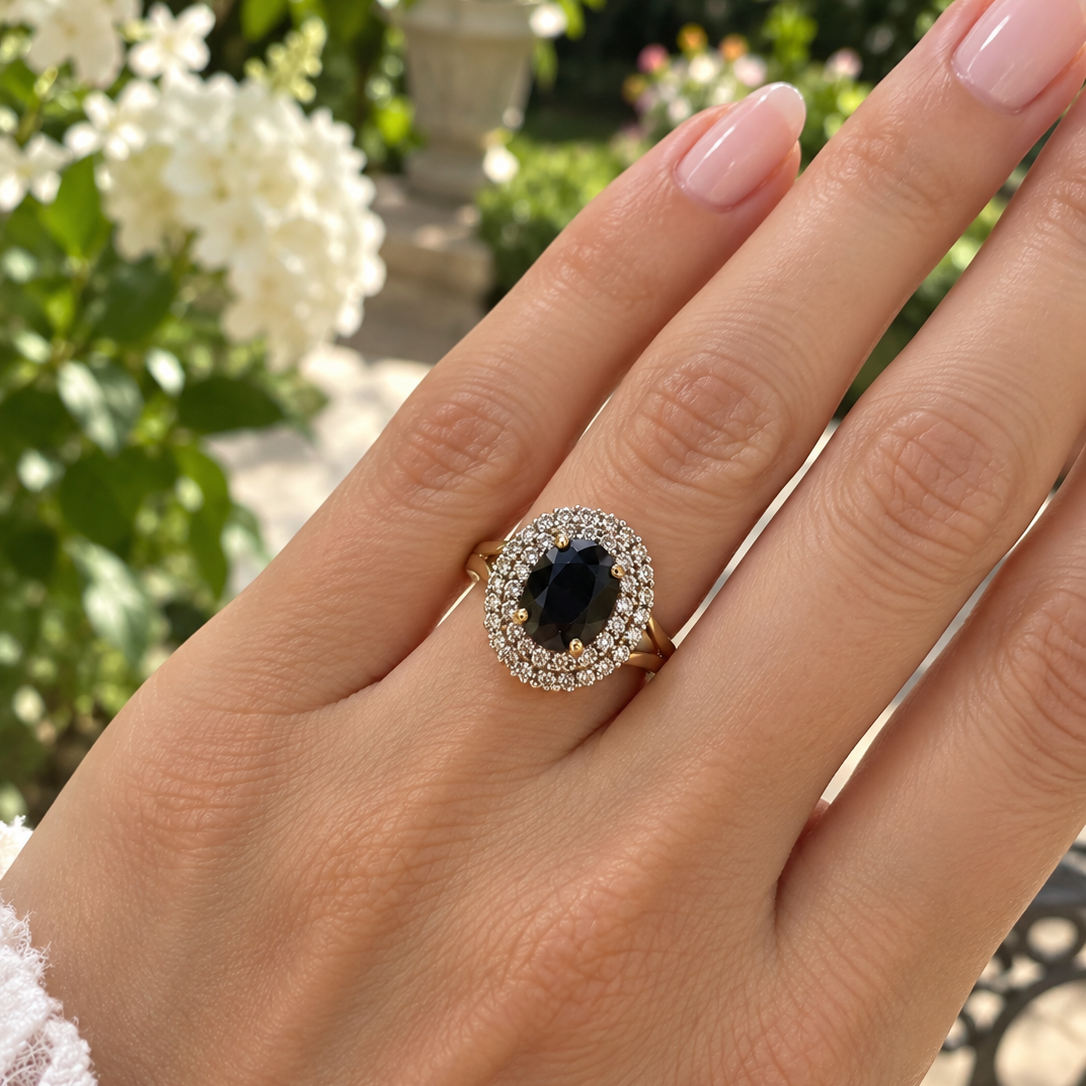 Cocktail Ring in Yellow Gold, Sapphire, and Diamonds