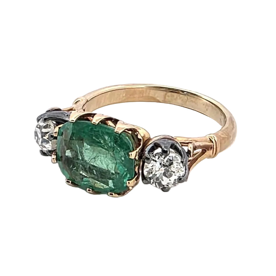 Trilogy Ring in Yellow Gold, Emerald, and Diamonds