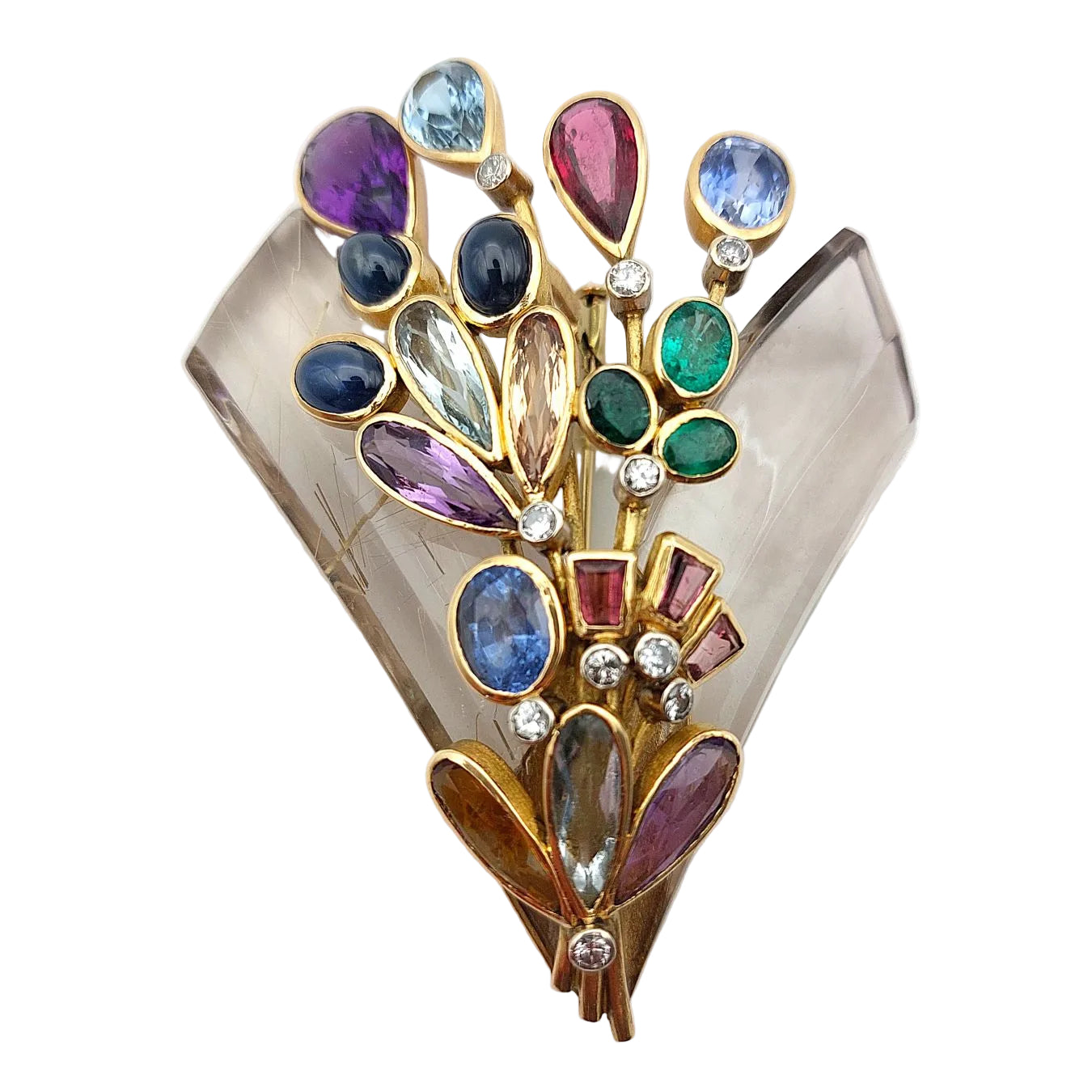 Brooch Pin in white gold, yellow gold, rock crystal, emeralds, sapphires, aquamarines, citrines, amethysts and tourmalines