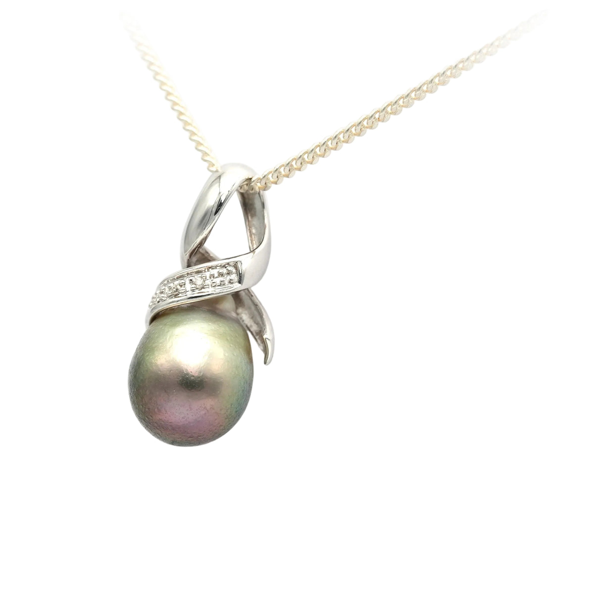 White gold, pearl, and diamond pendant