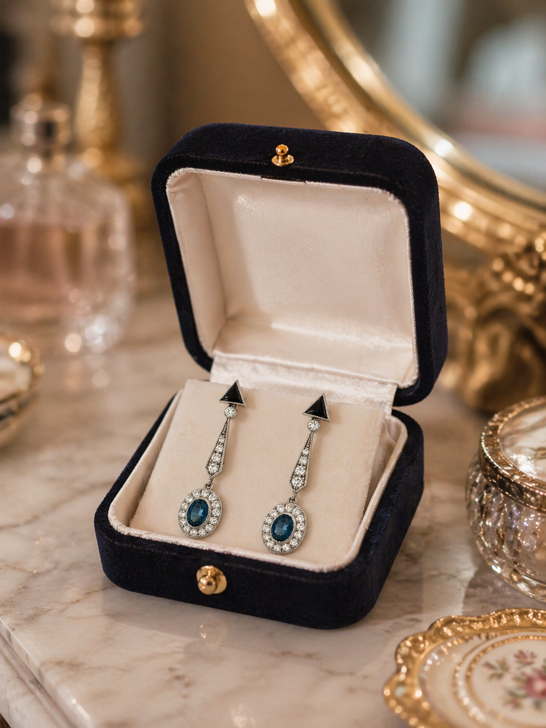 Drop Earrings in Platinum, Onyx, Sapphires, and Diamonds