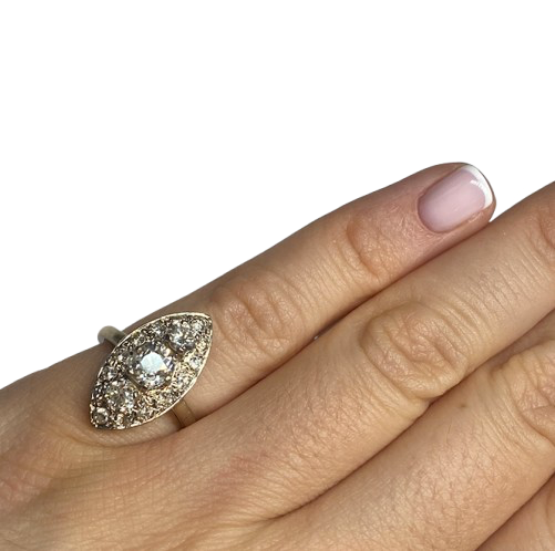 18K Gold Marquise Ring with Diamonds (Size 47)