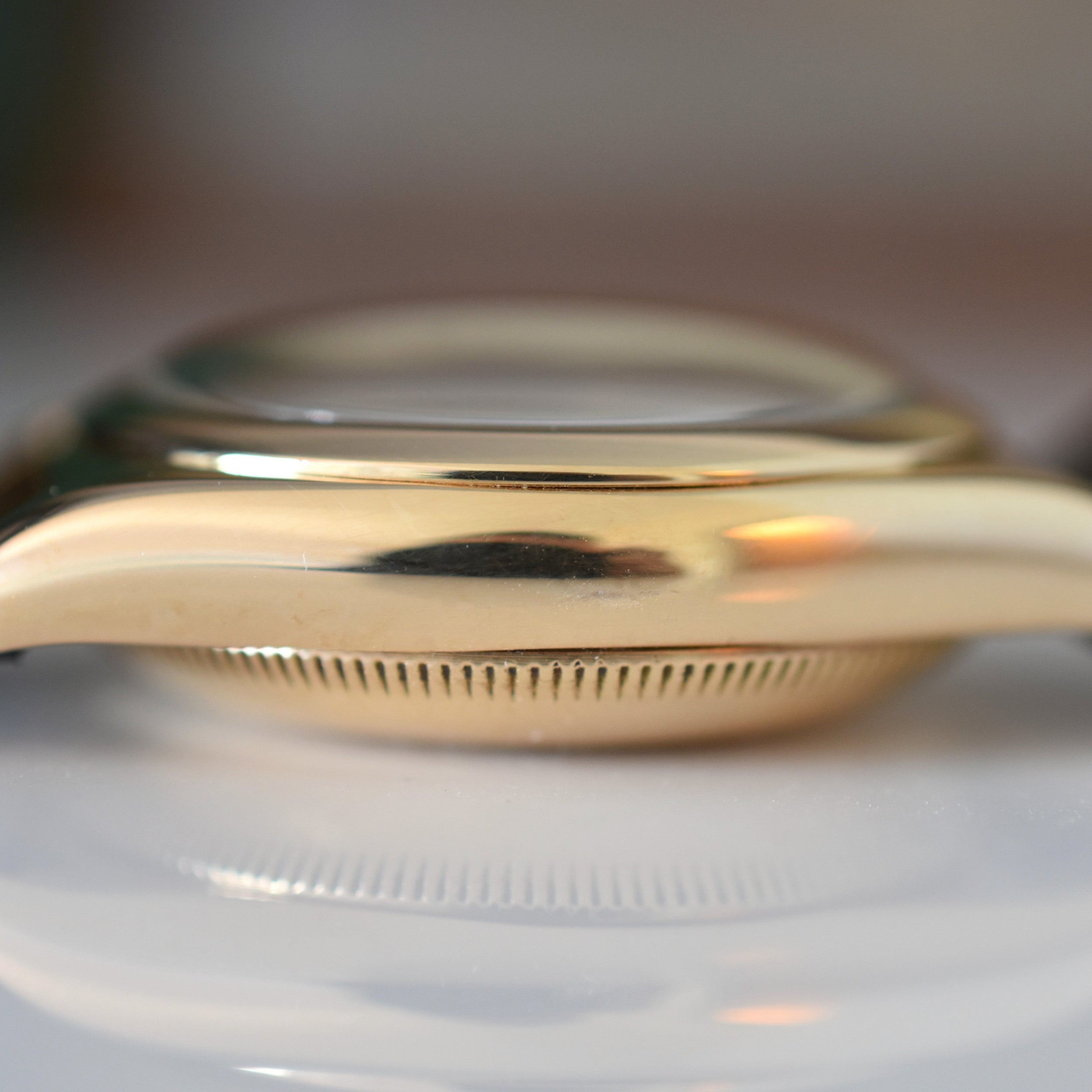 ROLEX "Oyster Perpetual Bubbleback Ovetto" watch in yellow gold and leather